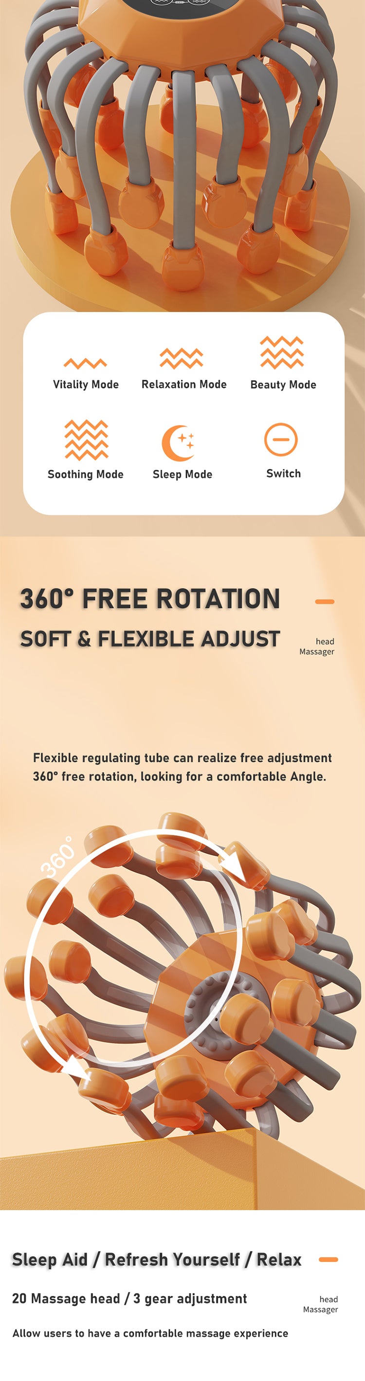 20Massage Heads Orange Scalp Head Massager Red Light Therapy Vibrator Octopus Scratcher For Relaxation Stress Migraine
