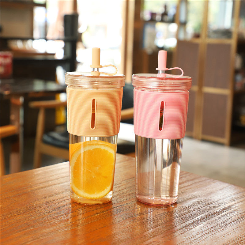 Layer Transparent Straw Cup 700Ml Large Capacity Silicone Cover Juice Cup Fashionable And Simple Straw Cup
