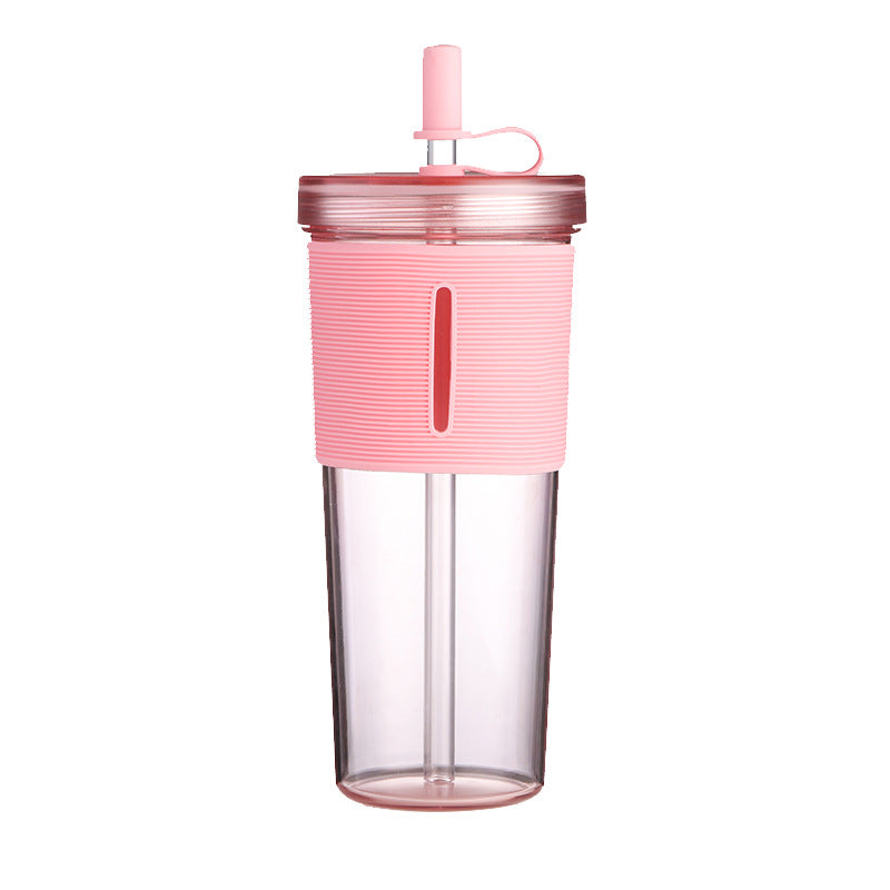 Layer Transparent Straw Cup 700Ml Large Capacity Silicone Cover Juice Cup Fashionable And Simple Straw Cup